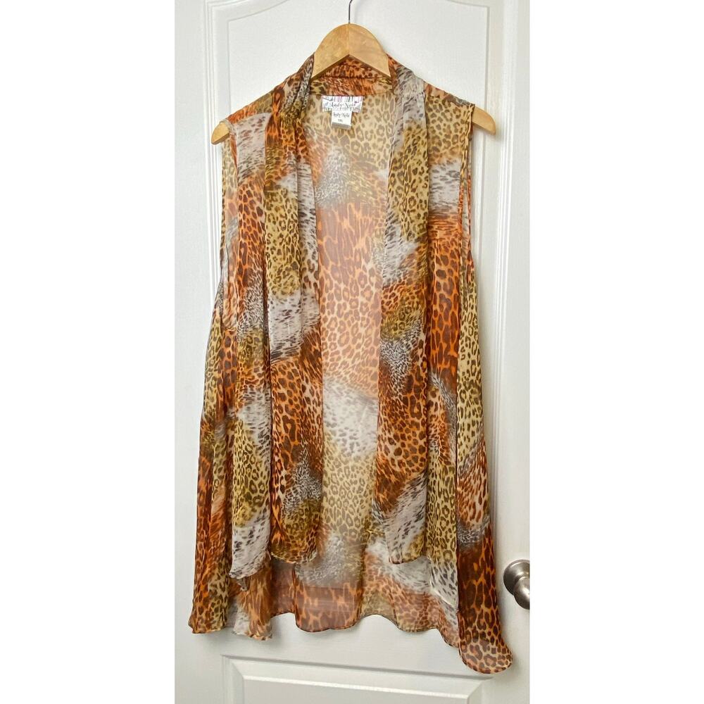 Lady Noiz Orange Tan Animal Print Sleeveless Waterfall Semi Sheer Cardigan 1XL
